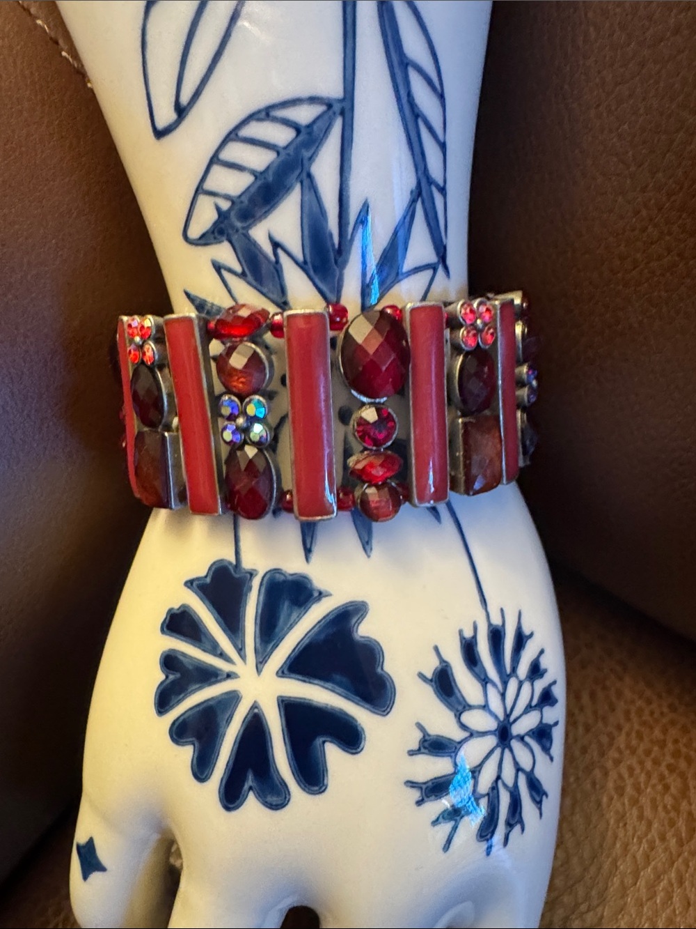 Vibrant red & crimson enamel & faceted acrylics w/AB crystals bracelet